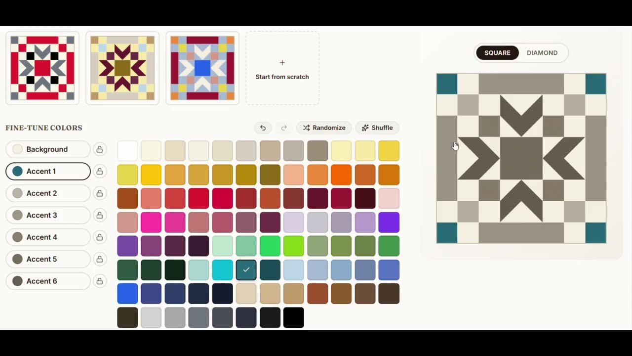 The Barn Quilt Pattern Designer with a pattern open and its colors being customized.