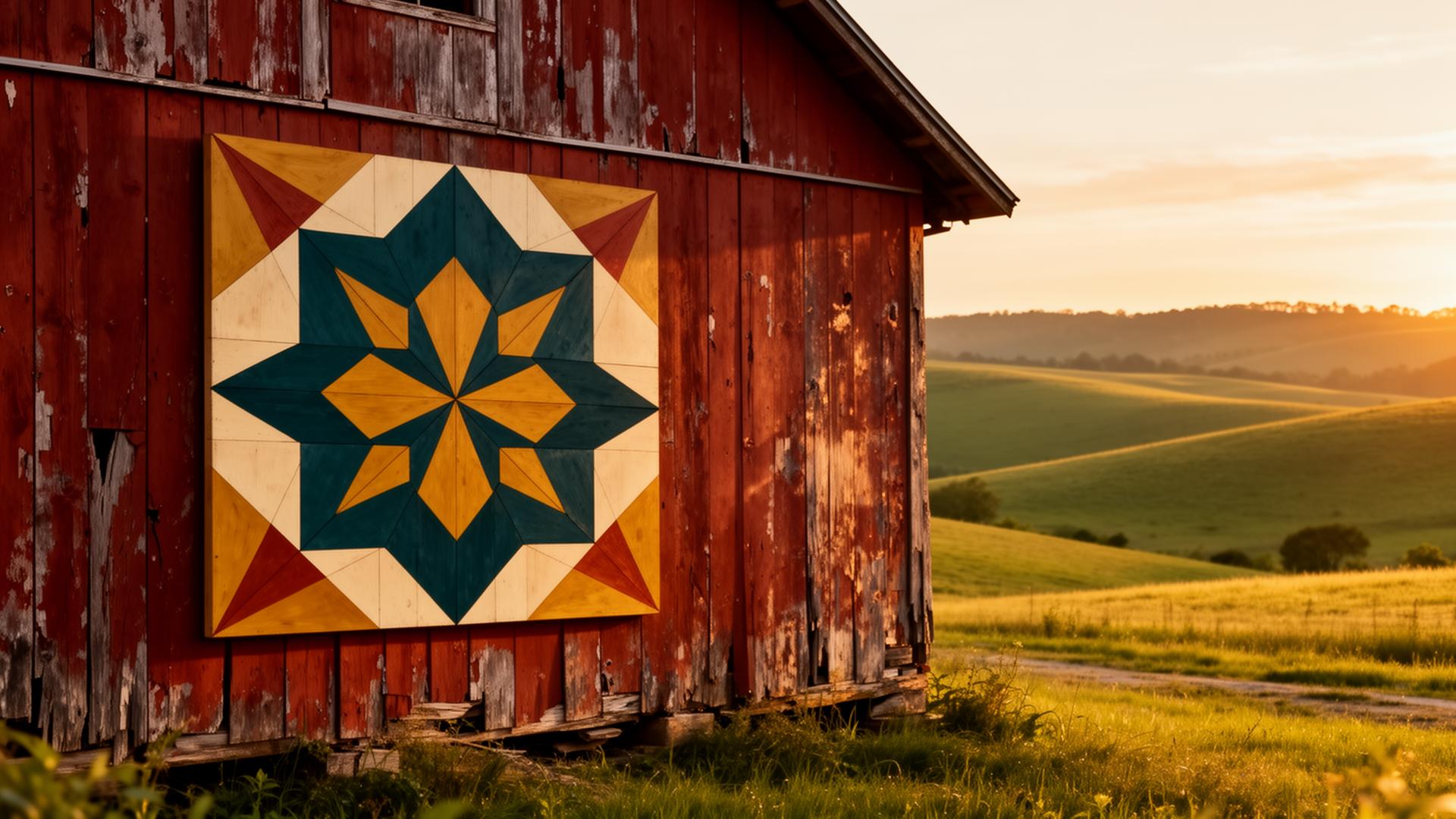 Hand-painted barn quilt on a weathered red barn at golden hour