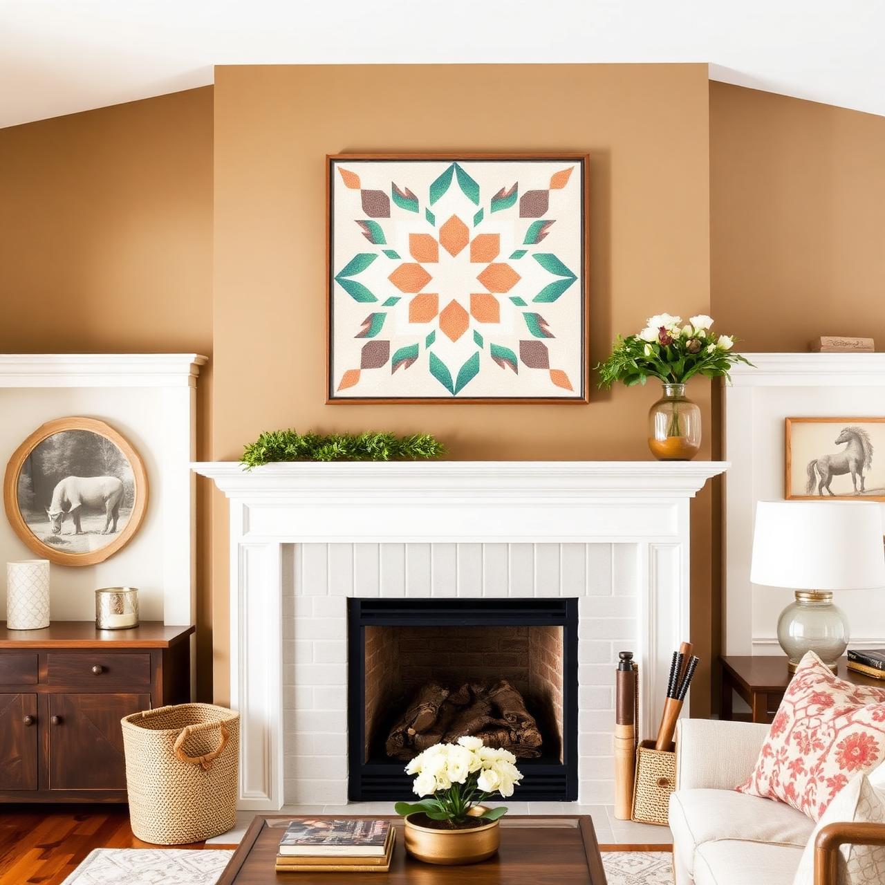 Barn quilt artwork above a fireplace mantle in a farmhouse living room